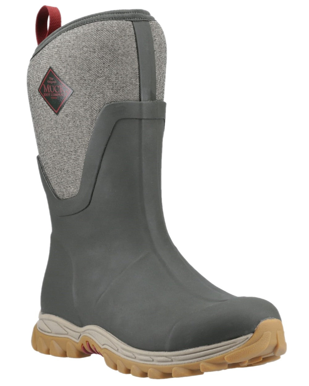 Olive Herringbone Print Coloured Muck Boots Womens Arctic Sport II Mid Wellingtons on white background #colour_olive-herringbone-print