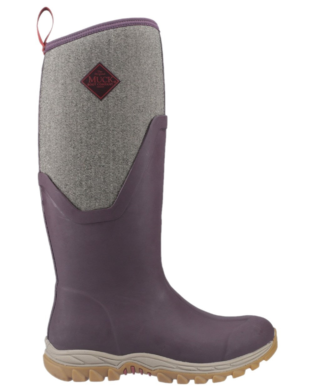 Wine Herringbone Print Coloured Muck Boots Womens Arctic Sport II Tall Wellingtons on white background #colour_wine-herringbone-print