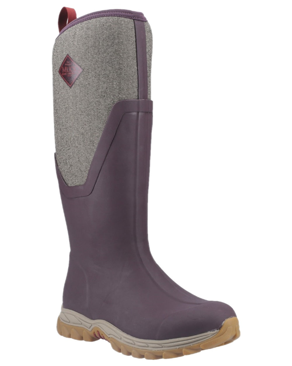 Wine Herringbone Print Coloured Muck Boots Womens Arctic Sport II Tall Wellingtons on white background #colour_wine-herringbone-print