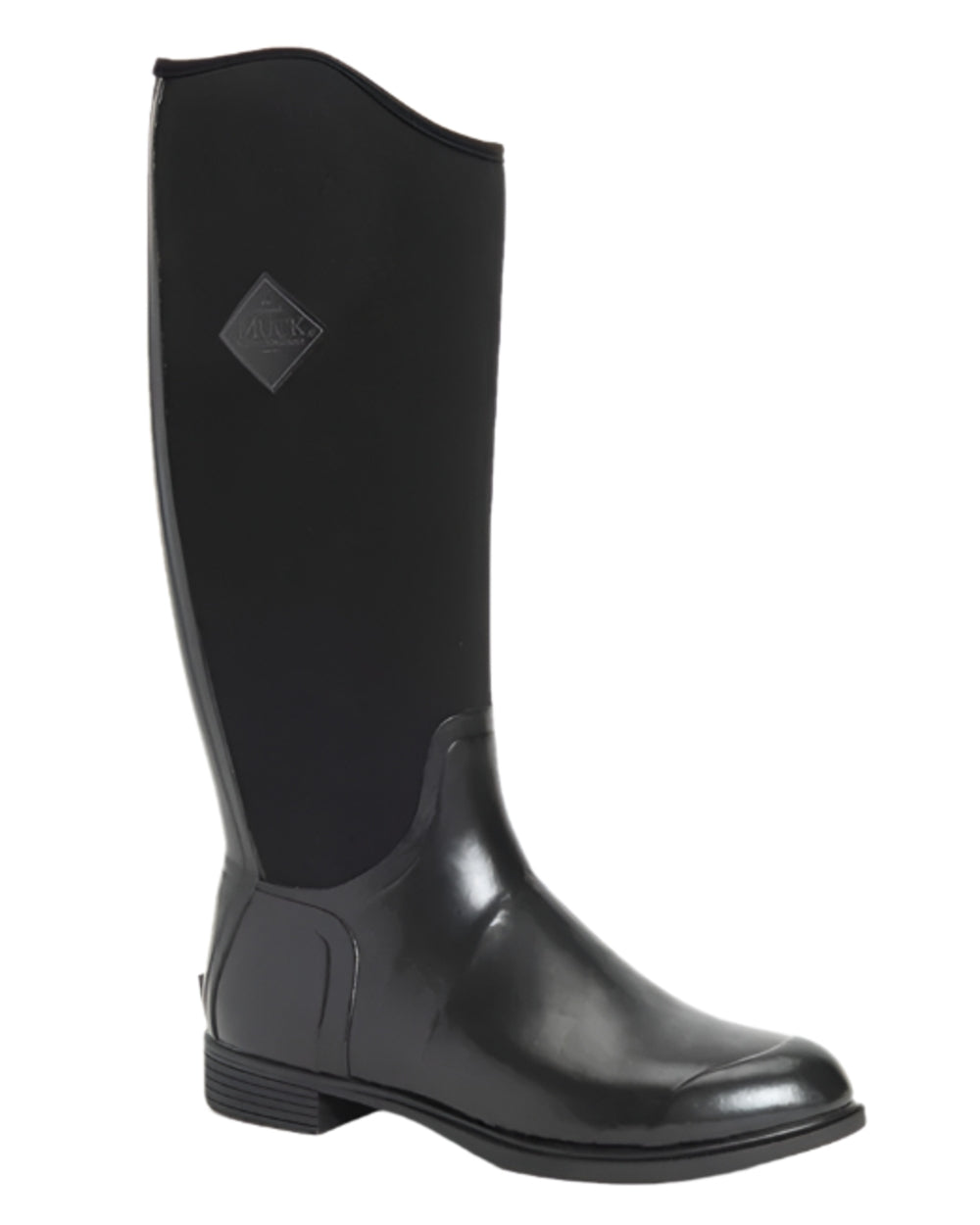 Black Coloured Muck Boots Womens Derby Tall Boots on white background #colour_black