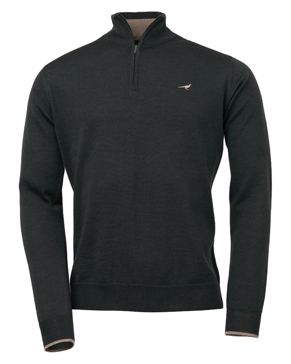 Olive Coloured Laksen Norfolk Zip Neck Merino Sweater On A White Background #colour_olive