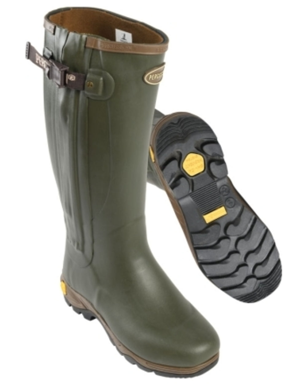 Khaki coloured Percussion Cambridge Neoprene Full Zip Wellingtons on white background #colour_khaki