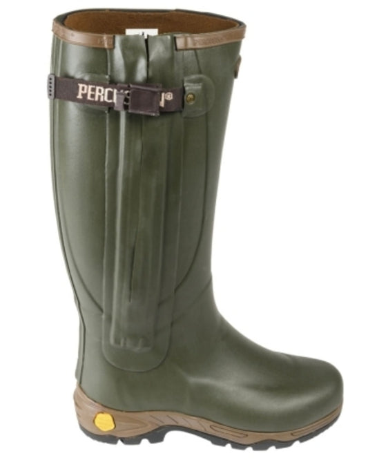 Khaki coloured Percussion Cambridge Neoprene Full Zip Wellingtons on white background #colour_khaki