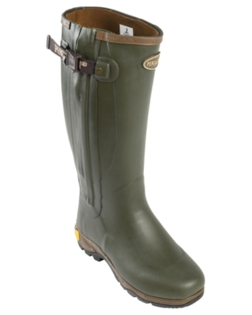 Khaki coloured Percussion Cambridge Neoprene Full Zip Wellingtons on white background #colour_khaki