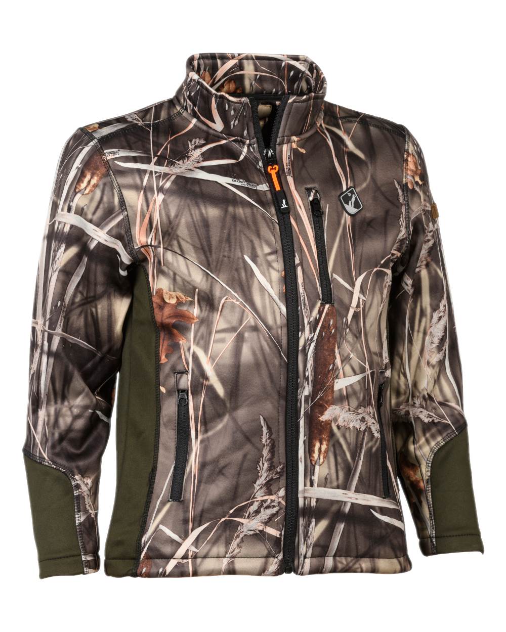 Ghostcamo Wet coloured Percussion Childrens Zipped Softshell Jacket on white background #colour_ghostcamo-wet