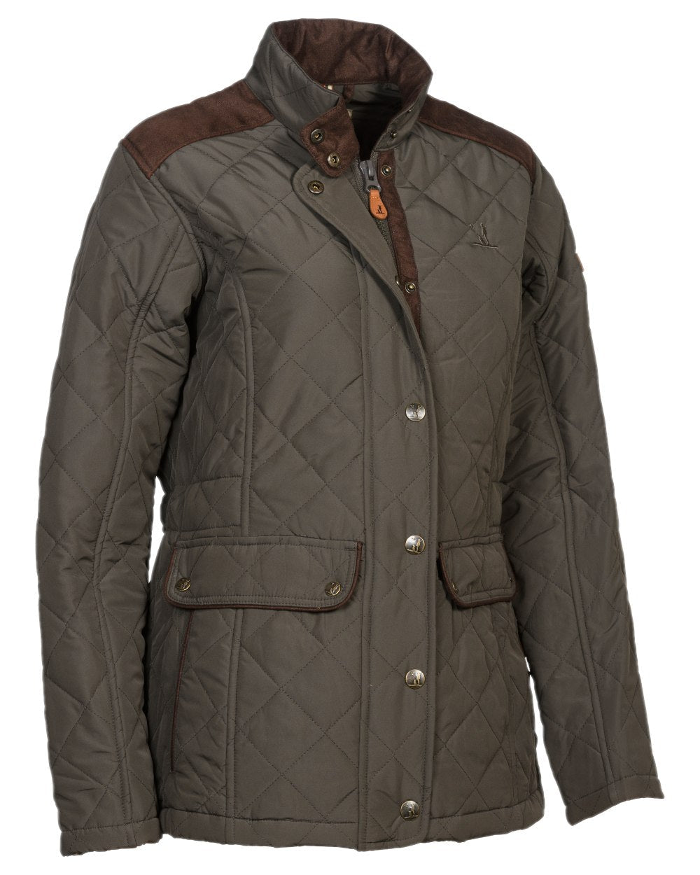 Brown coloured Percussion Ladies Edinburgh Quilted Jacket on white background #colour_brown