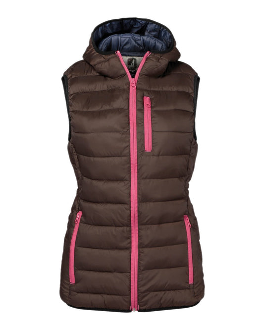 Brown coloured Percussion Ladies Trekking Quilted Gilet on white background #colour_brown