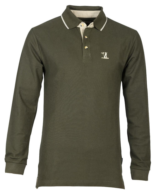 Khaki coloured Percussion Long Sleeve Polo Shirt on white background #colour_khaki