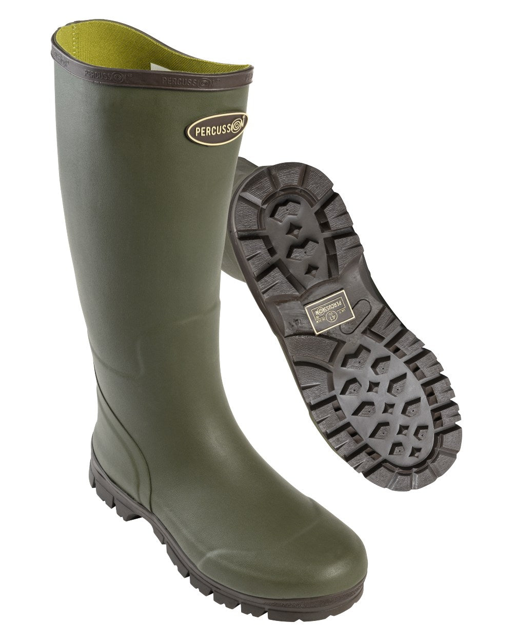 Green coloured Percussion Marly Hunting Wellington Boots on white background #colour_green