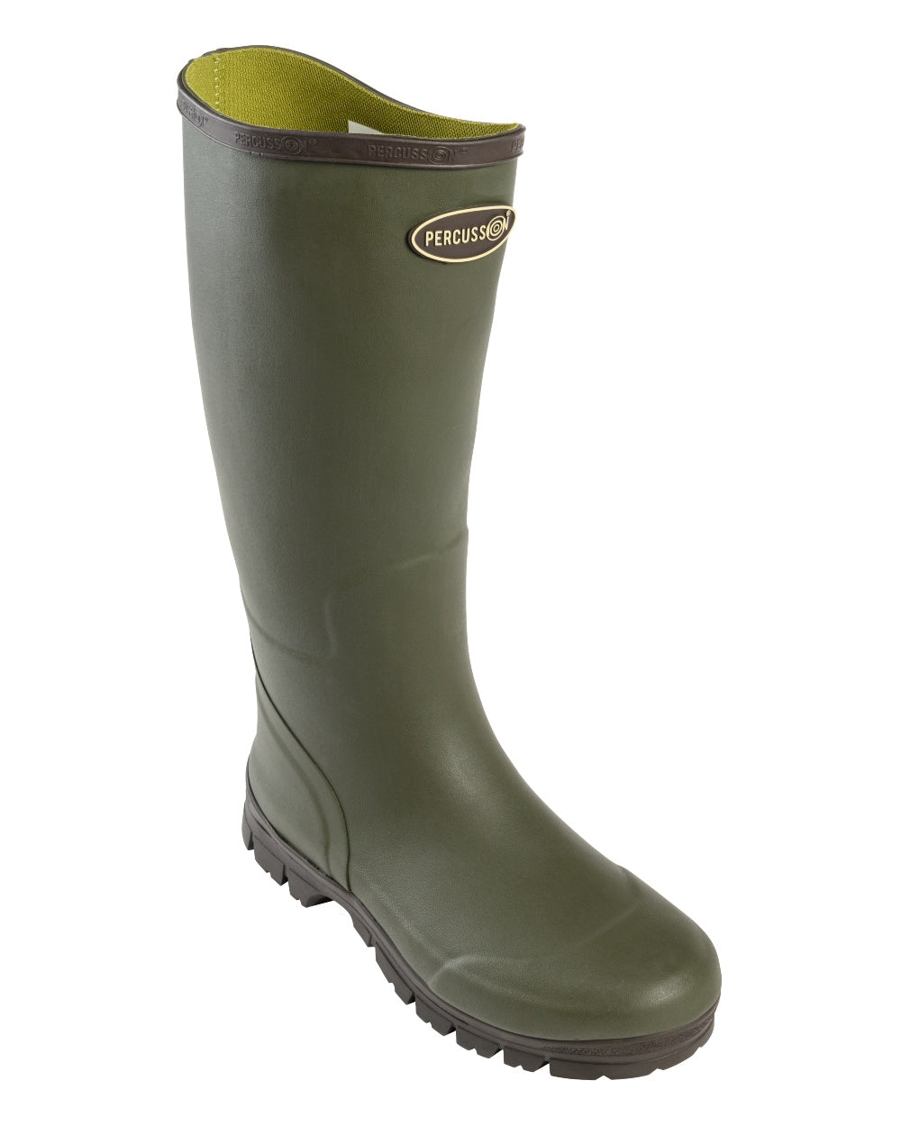 Green coloured Percussion Marly Hunting Wellington Boots on white background #colour_green