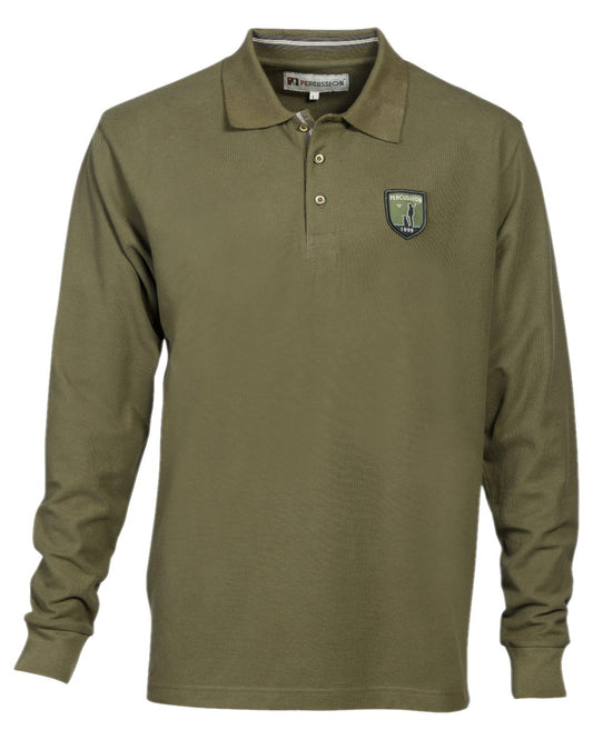 Khaki Coloured Percussion Mens Long Sleeved Polo Shirt on white background #colour_khaki
