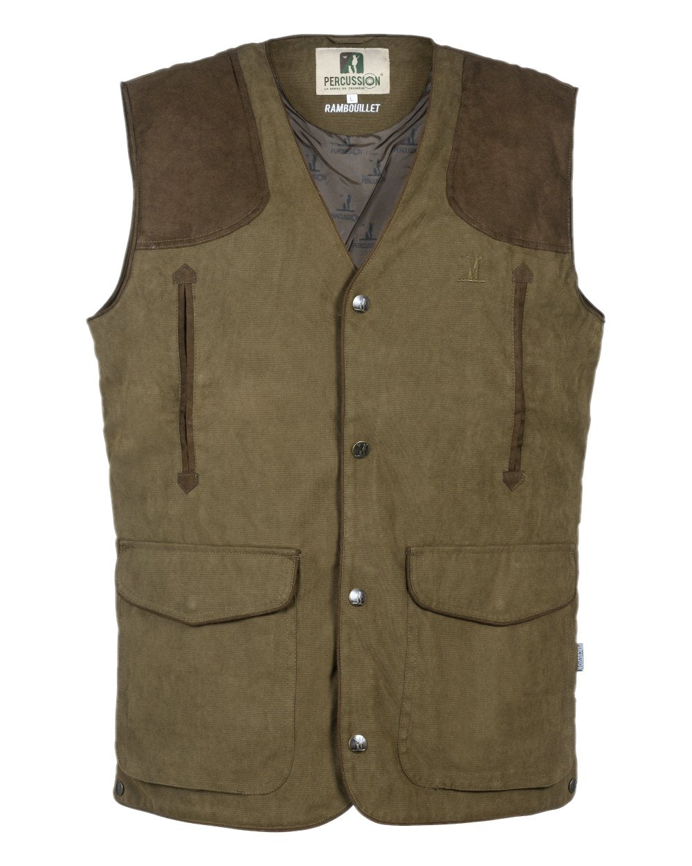 Khaki coloured Percussion Rambouillet Original Waterproof Waistcoat on white background #colour_khaki