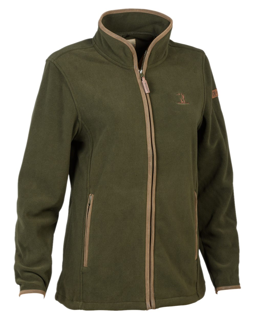 Khaki coloured Percussion Scotland Ladies Fleece Jacket on white background #colour_khaki