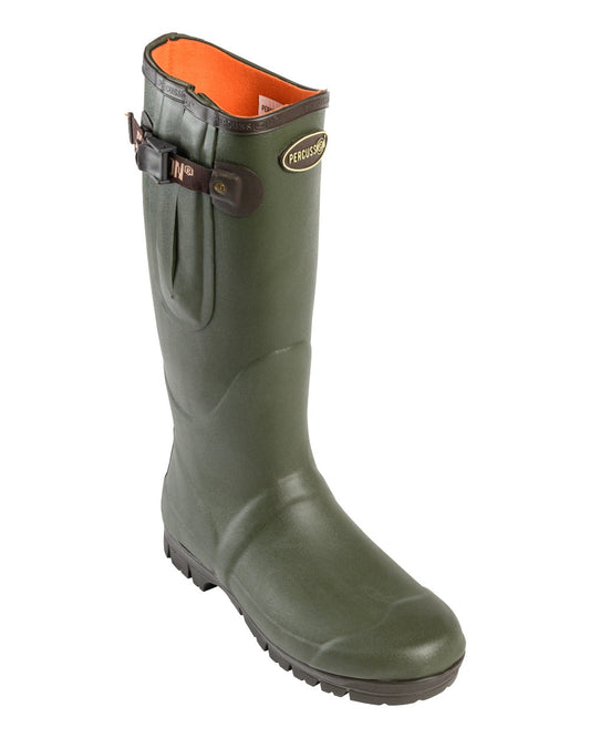 Khaki coloured Percussion Sologne Neoprene Wellington Boots on white background #colour_khaki