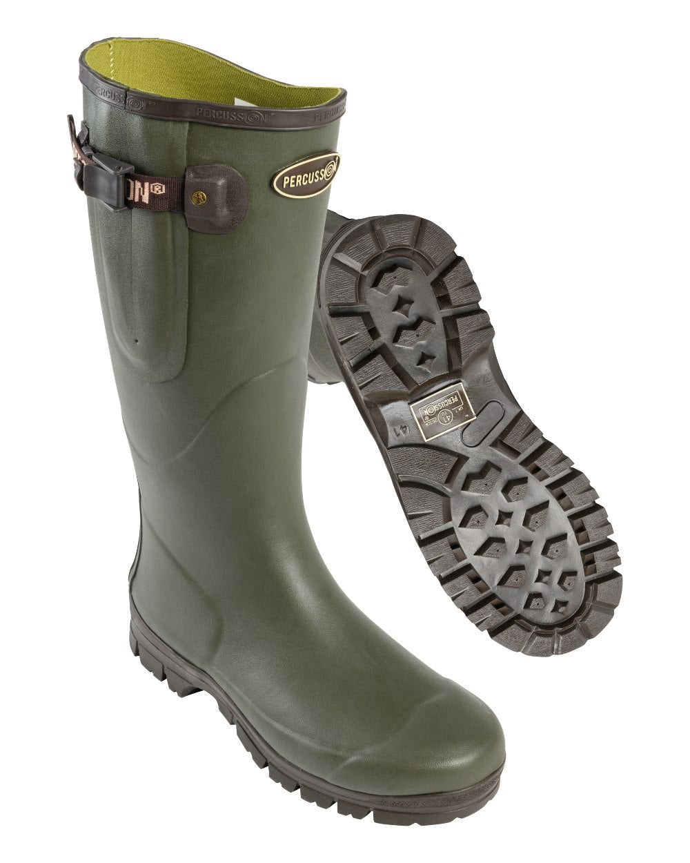 Green coloured Percussion Tradition Wellington Boots on white background #colour_green