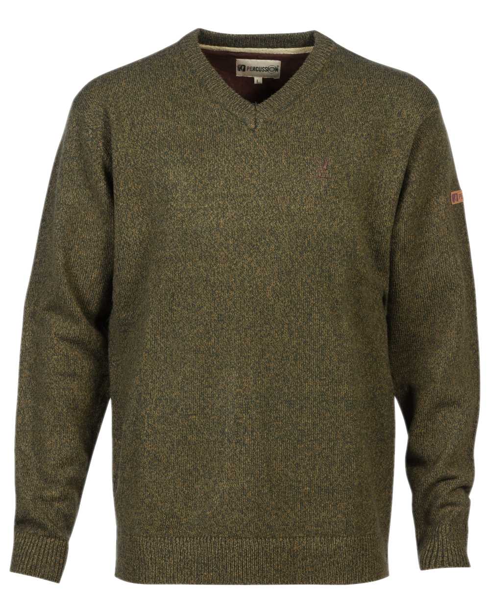 Khaki coloured Percussion V Neck Hunting Pullover on white background #colour_khaki