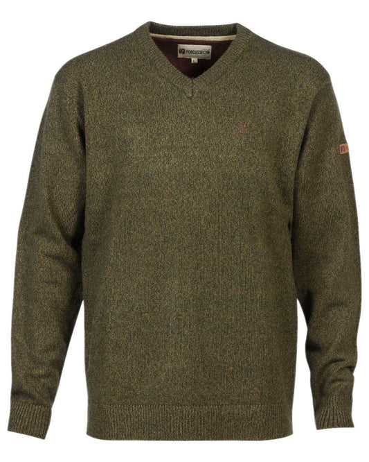 Khaki coloured Percussion V Neck Hunting Pullover on white background #colour_khaki