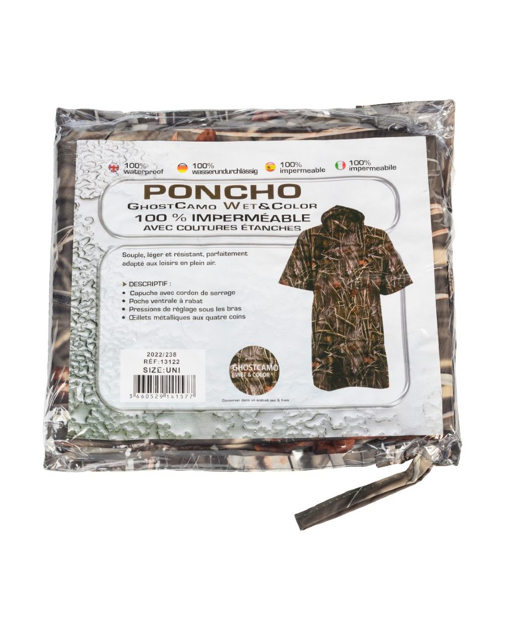 Ghostcamo Wet coloured Percussion Waterproof Poncho on white background #colour_ghostcamo-wet