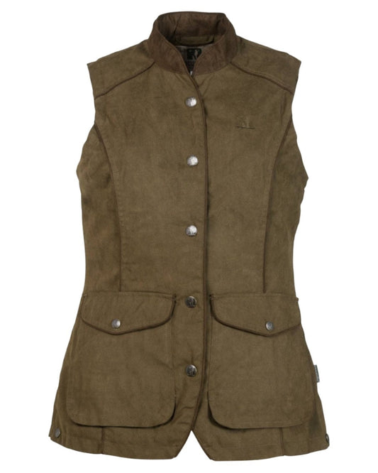 Khaki coloured Percussion Womens Rambouillet Original Gilet on white background #colour_khaki