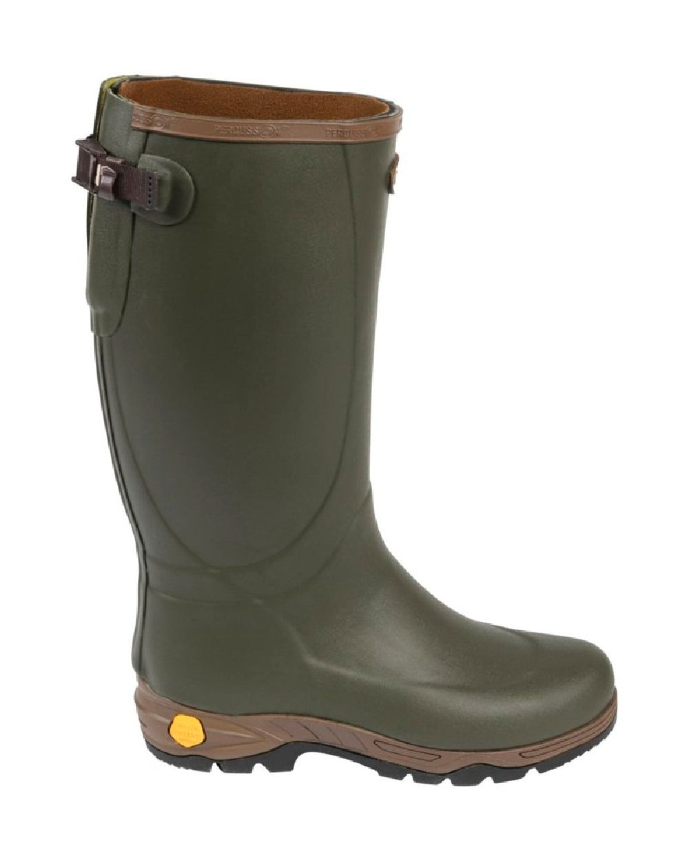 Khaki coloured Percussion Oxford Neoprene Wellington Boots on white background #colour_khaki