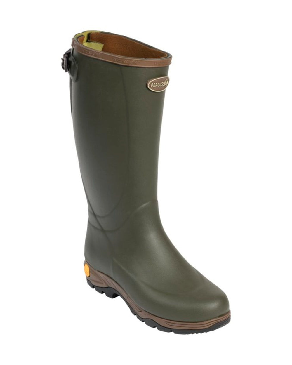 Khaki coloured Percussion Oxford Neoprene Wellington Boots on white background #colour_khaki