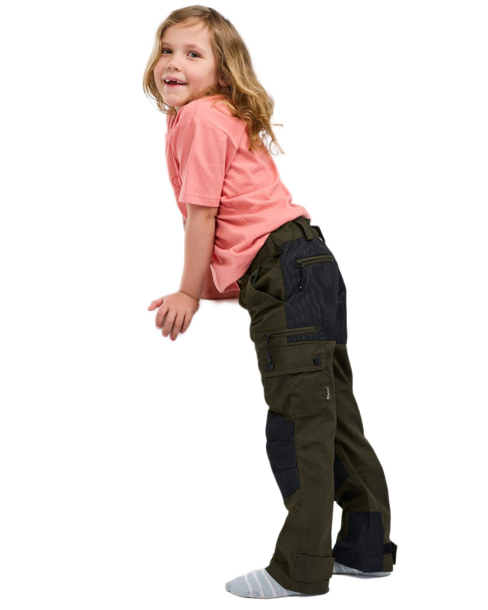 Moss Green Black coloured Pinewood Childrens Lappland Trousers on white background #colour_moss-green-black