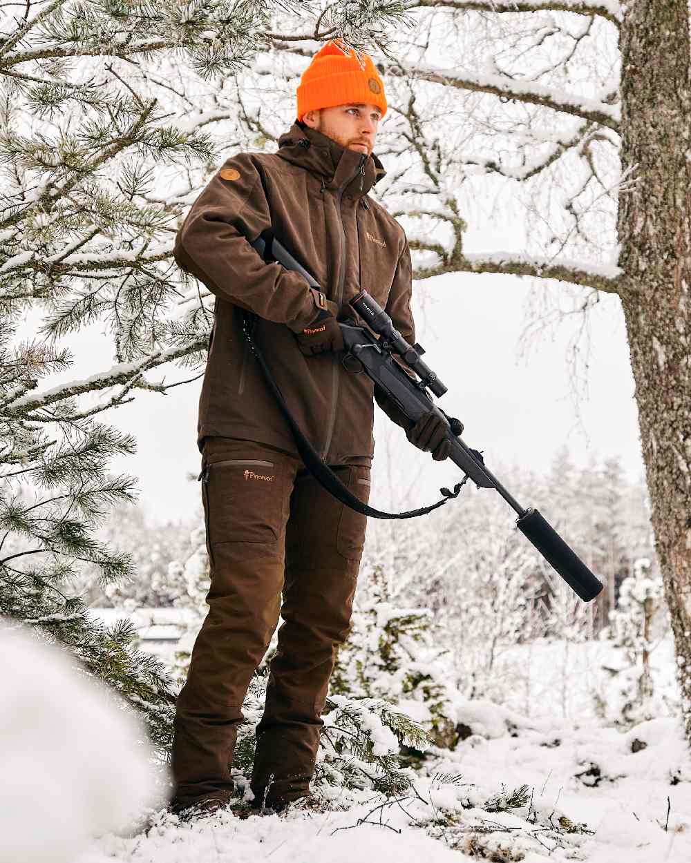 Moss Green Black Coloured Pinewood Hunters Neoprene Gloves on snow background #colour_moss-green-black