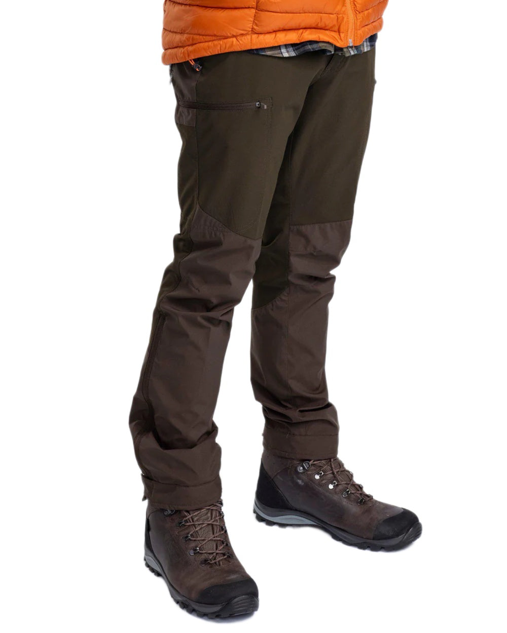 Dark Olive Suede Brown Coloured Pinewood Mens Abisko Brenton Trousers on white background #colour_dark-olive-suede-brown