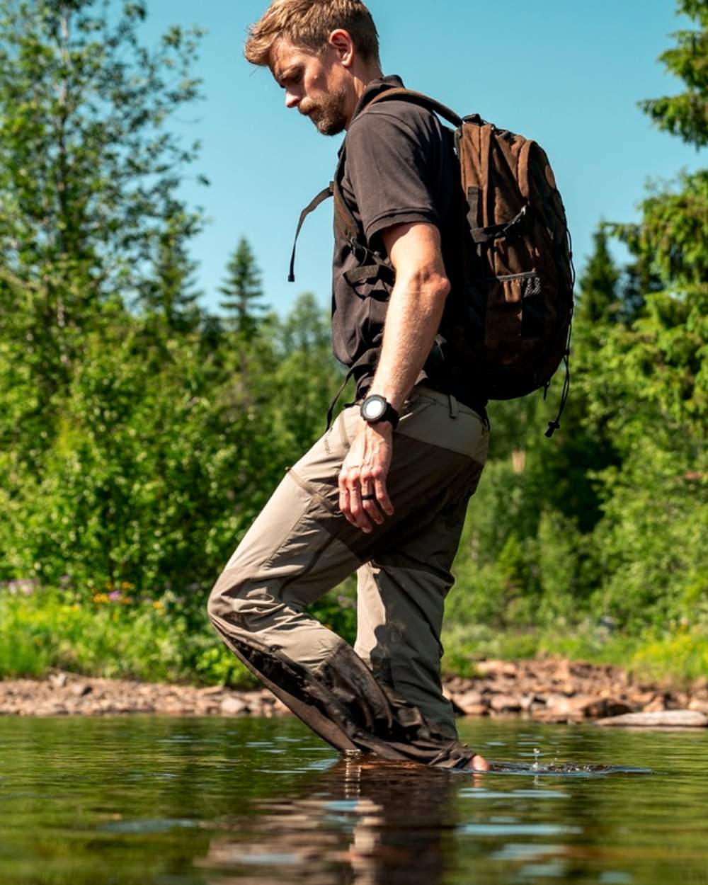 Mole Brown Coloured Pinewood Mens Abisko Brenton Trousers on forest background #colour_mole-brown