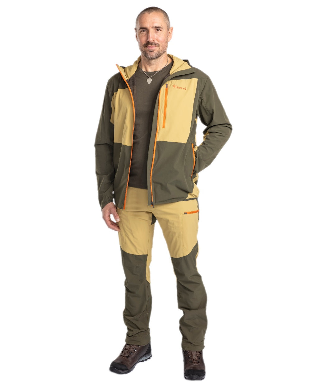 Golden Hay Mossgreen Coloured Pinewood Mens Abisko Light Stretch Jacket on white background #colour_golden-hay-mossgreen