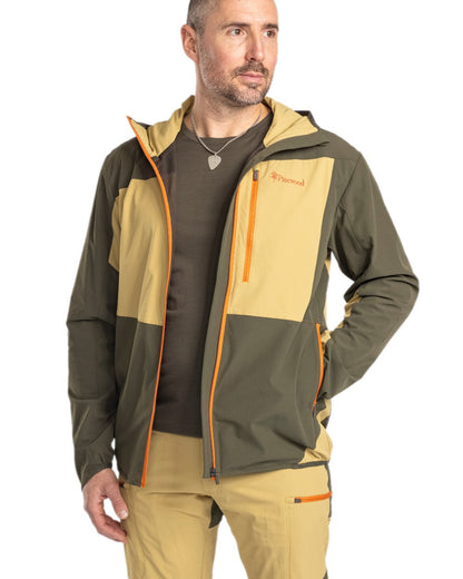 Golden Hay Mossgreen Coloured Pinewood Mens Abisko Light Stretch Jacket on white background #colour_golden-hay-mossgreen