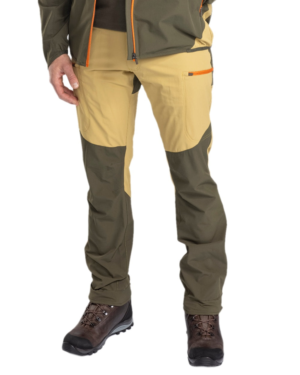 Golden Hay Mossgreen Coloured Pinewood Mens Abisko Light Stretch Trousers on white background #colour_golden-hay-mossgreen
