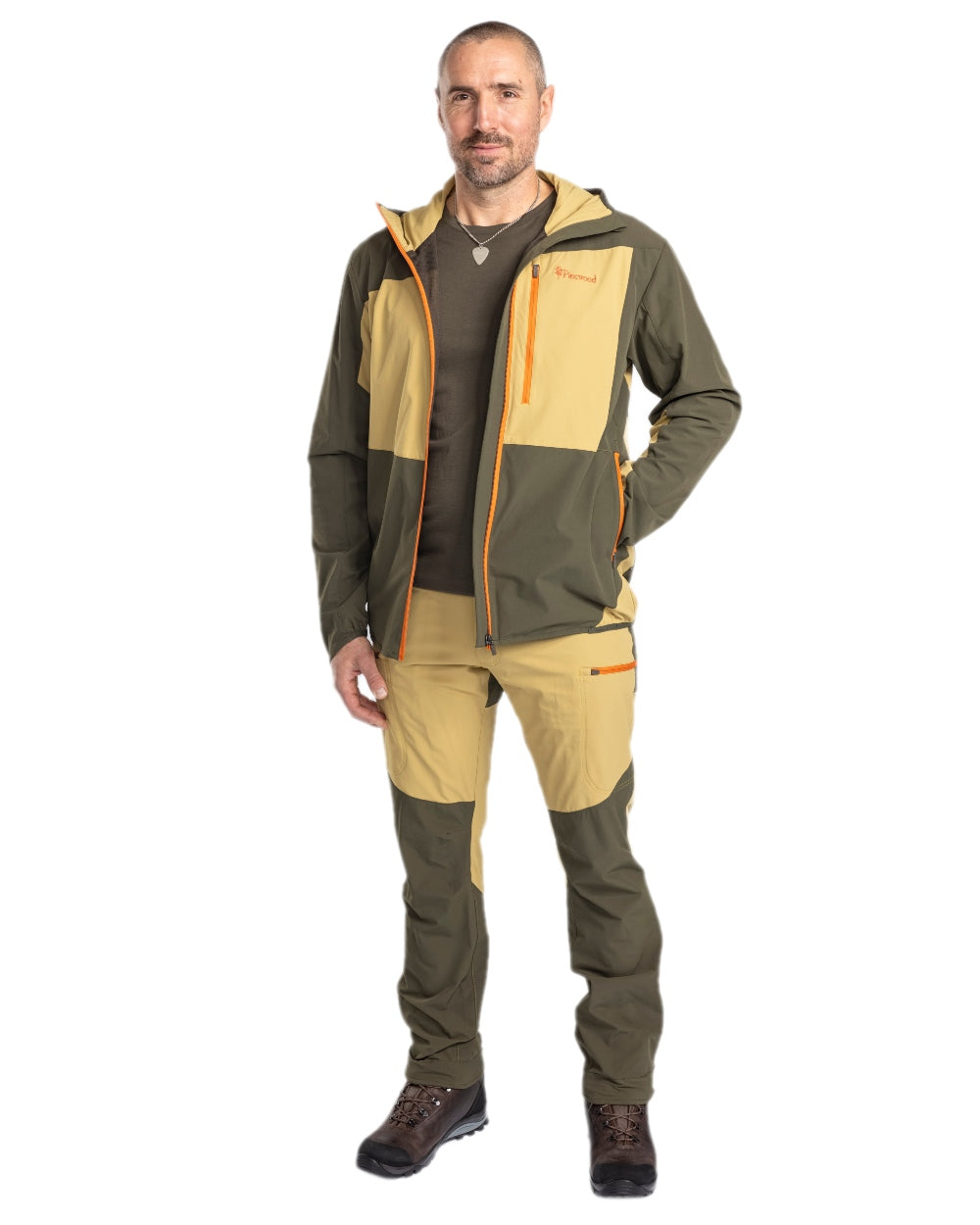Golden Hay Mossgreen Coloured Pinewood Mens Abisko Light Stretch Trousers on white background #colour_golden-hay-mossgreen