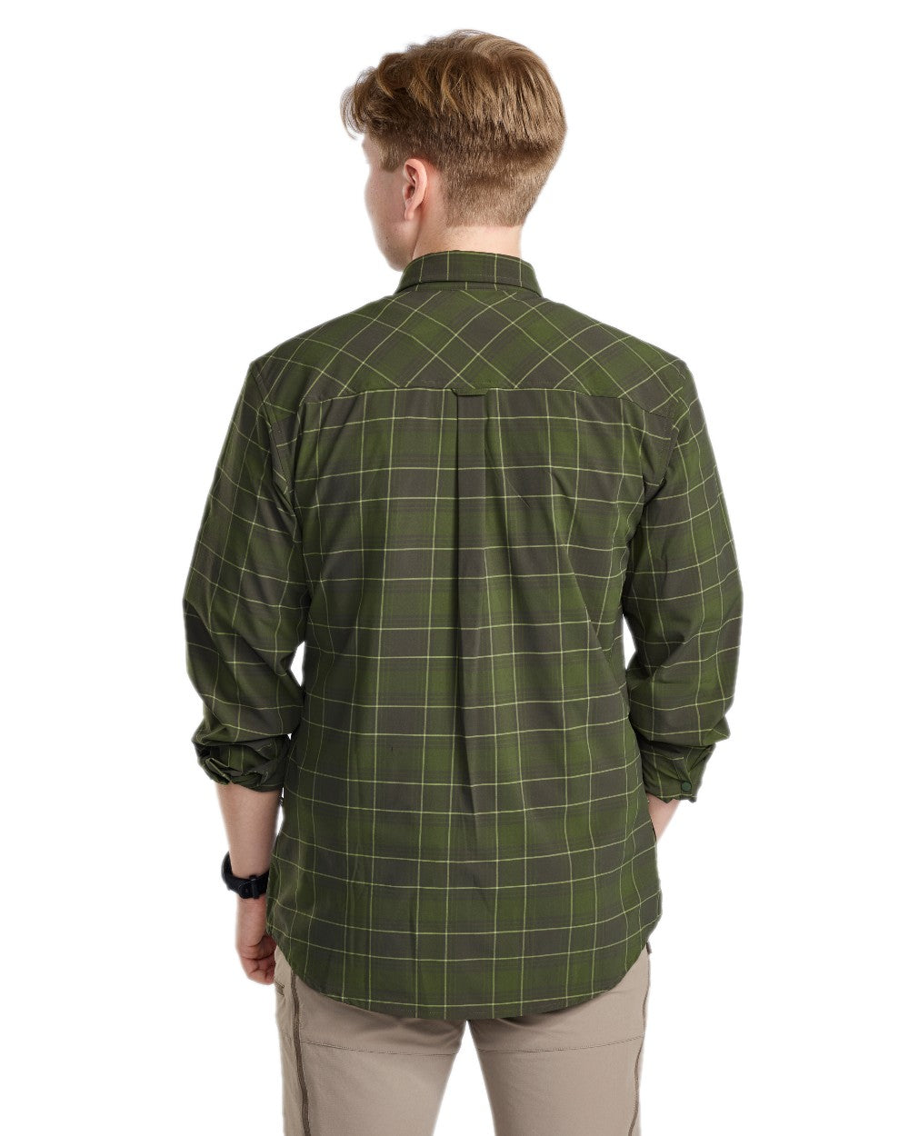 Moss Green Coloured Pinewood Mens Abisko Trekking Long Sleeve Shirt on white background #colour_moss-green