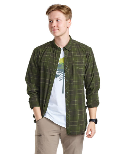 Moss Green Coloured Pinewood Mens Abisko Trekking Long Sleeve Shirt on white background #colour_moss-green