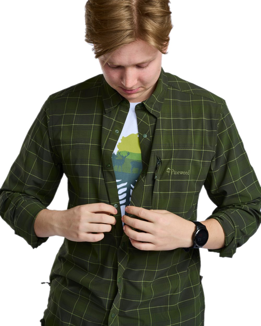Moss Green Coloured Pinewood Mens Abisko Trekking Long Sleeve Shirt on white background #colour_moss-green