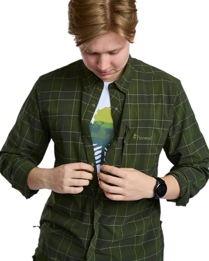 Moss Green Coloured Pinewood Mens Abisko Trekking Long Sleeve Shirt on white background #colour_moss-green