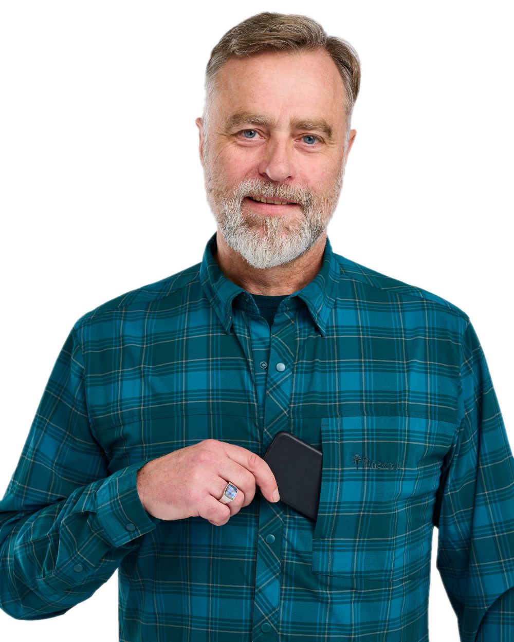 Teal Blue Coloured Pinewood Mens Abisko Trekking Long Sleeve Shirt on  white background #colour_teal-blue