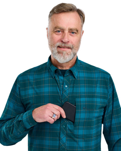 Teal Blue Coloured Pinewood Mens Abisko Trekking Long Sleeve Shirt on  white background #colour_teal-blue