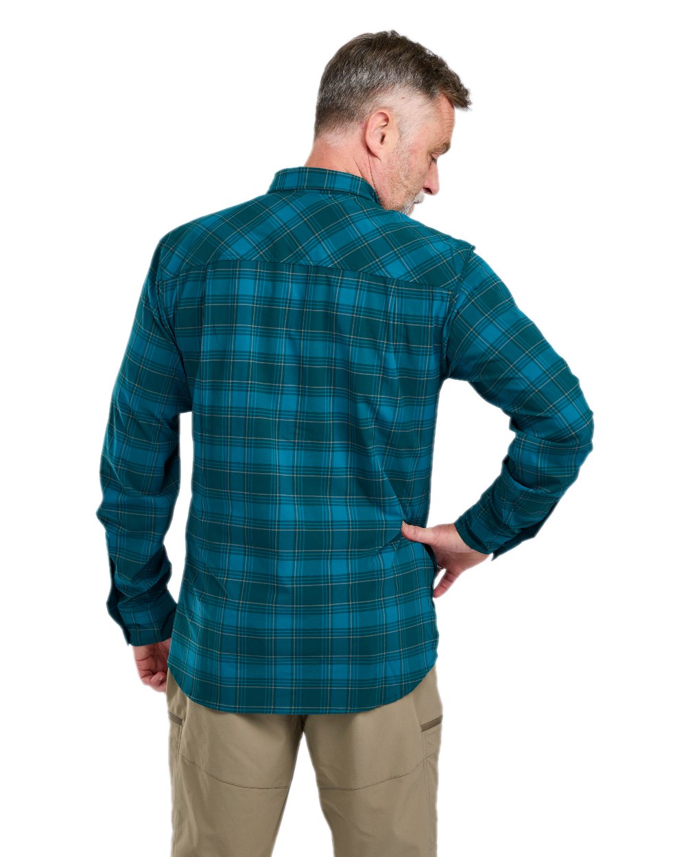 Teal Blue Coloured Pinewood Mens Abisko Trekking Long Sleeve Shirt on  white background #colour_teal-blue