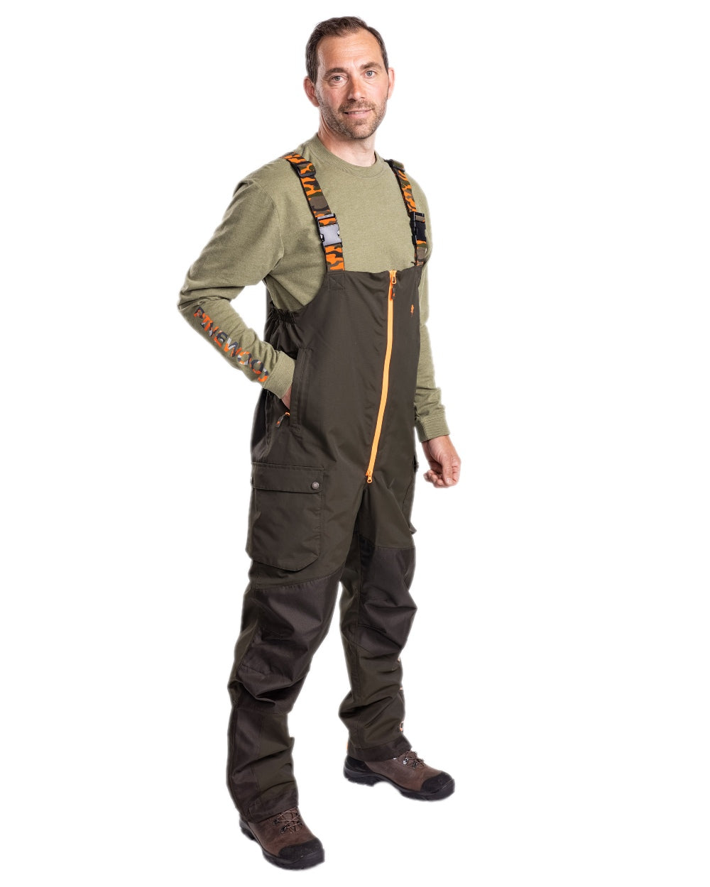 Green Dark Green Coloured Pinewood Mens Bolmen Fishing Bib Trousers on white background #colour_green-dark-green