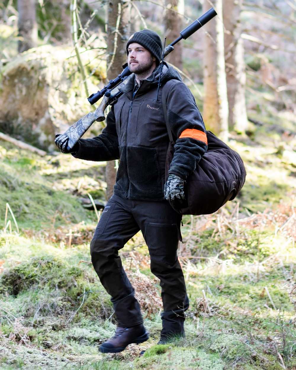 Suede Brown Dark Olive Coloured Pinewood Mens Caribou Hunt Extreme Trousers on outdoor background #colour_suede-brown-dark-olive