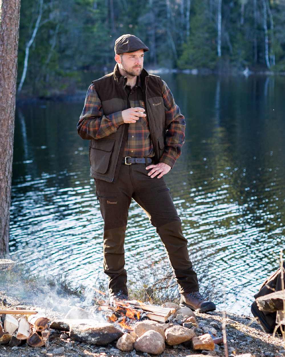 Suede Brown Dark Olive Coloured Pinewood Mens Caribou Hunting Trousers on outdoor background #colour_suede-brown-dark-olive