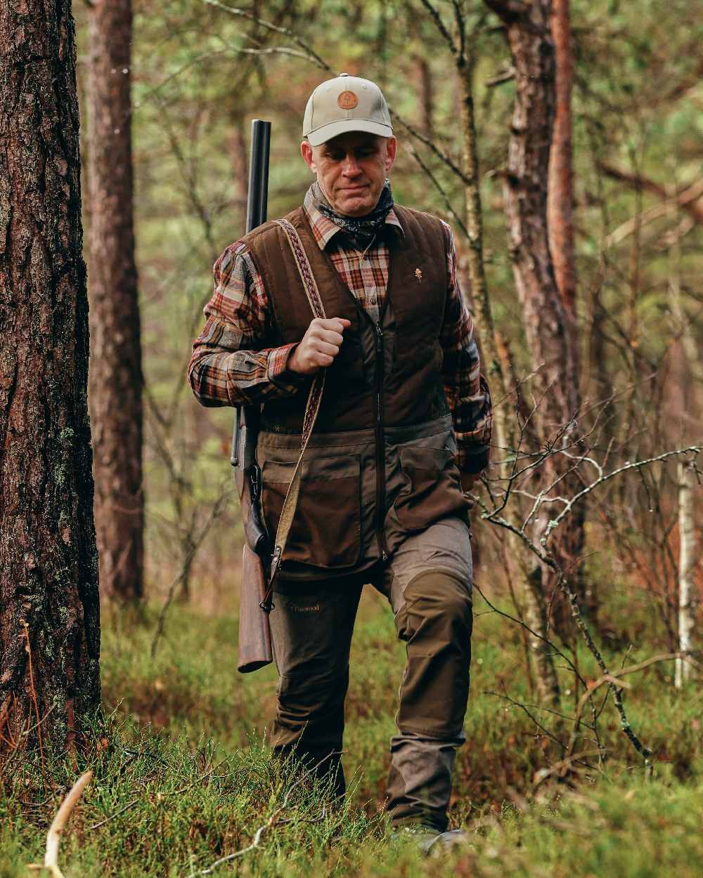 Suede Brown Dark Olive Coloured Pinewood Mens Caribou Hunting Trousers on outdoor background #colour_suede-brown-dark-olive