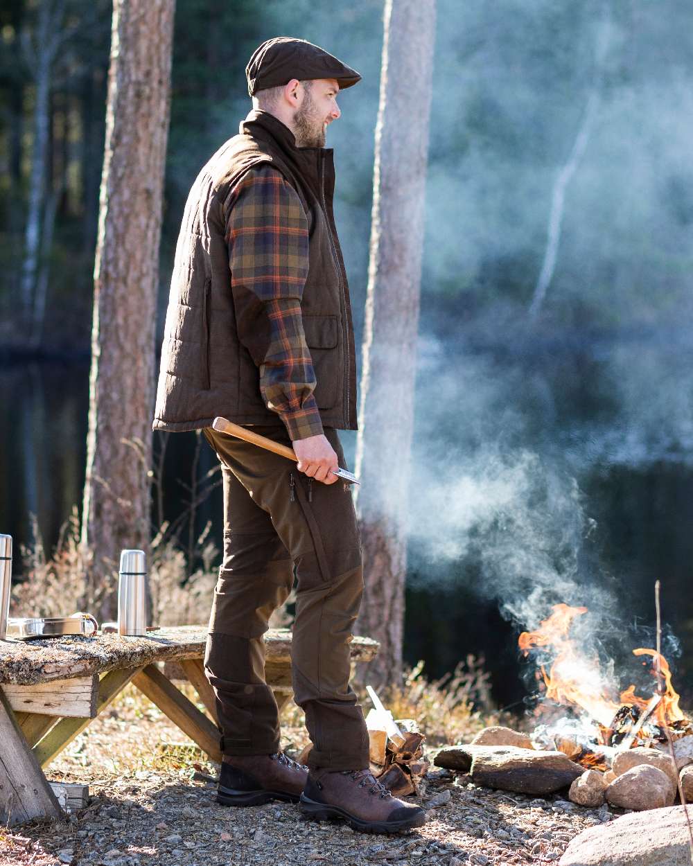 Suede Brown Dark Olive Coloured Pinewood Mens Caribou Hunting Trousers on outdoor background #colour_suede-brown-dark-olive
