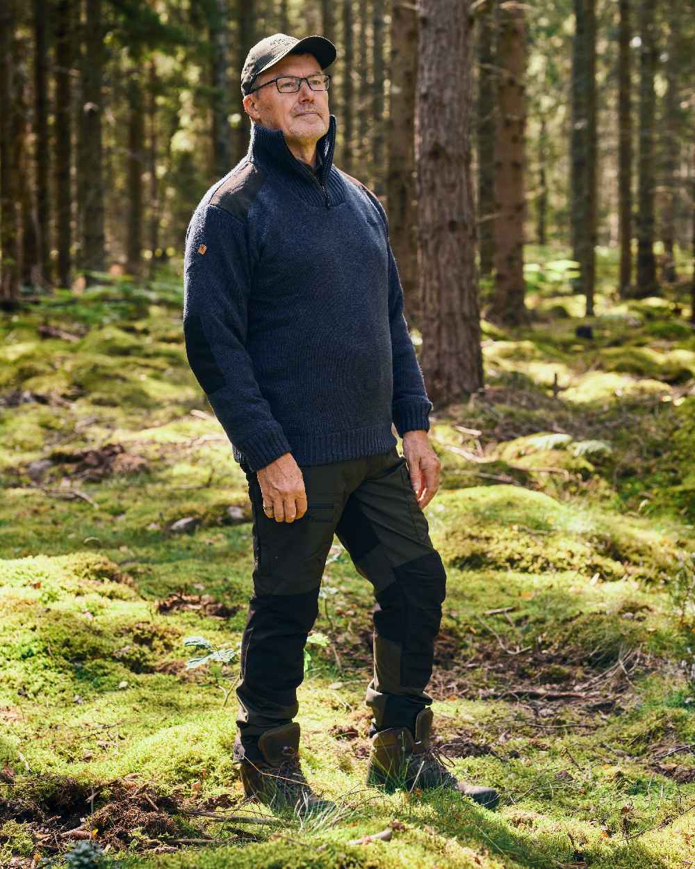 Moss Green Black Coloured Pinewood Mens Caribou Tc Extreme Trousers on forest background #colour_moss-green-black