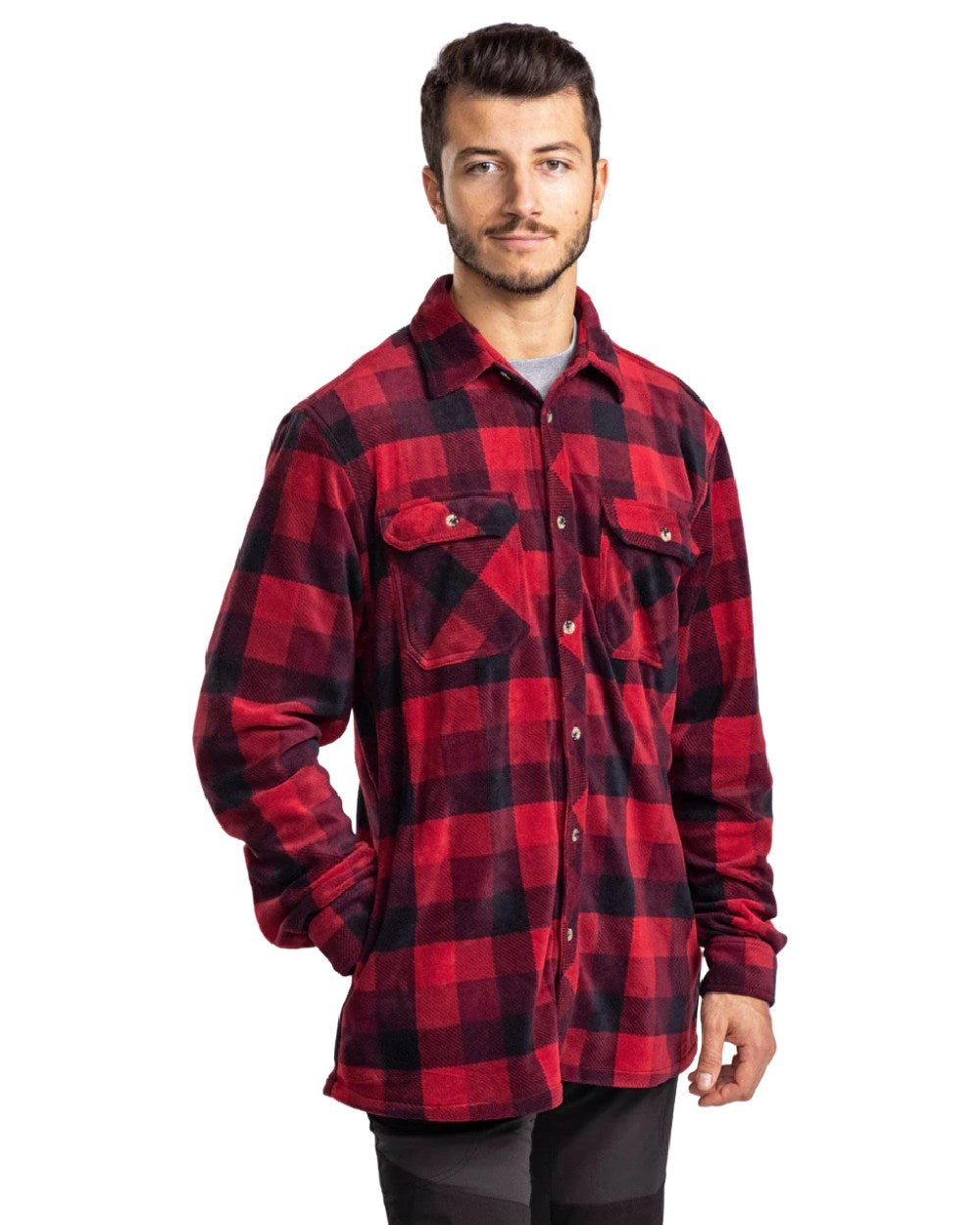 Red Black coloured Pinewood Mens Finnveden Canada Shirt on white background #colour_red-black