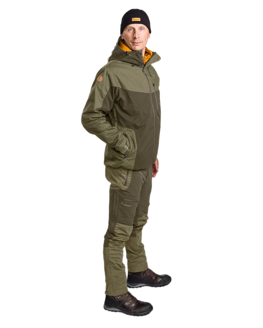 Dark Olive Hunting Olive Coloured Pinewood Mens Finnveden Hybrid Extreme Jacket on white background #colour_dark-olive-hunting-olive