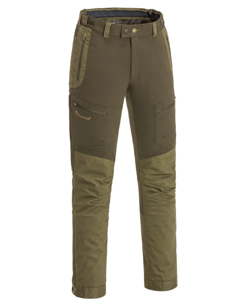 Dark Olive Hunting Olive Coloured Pinewood Mens Finnveden Hybrid Extreme Trousers on white background #colour_dark-olive-hunting-olive