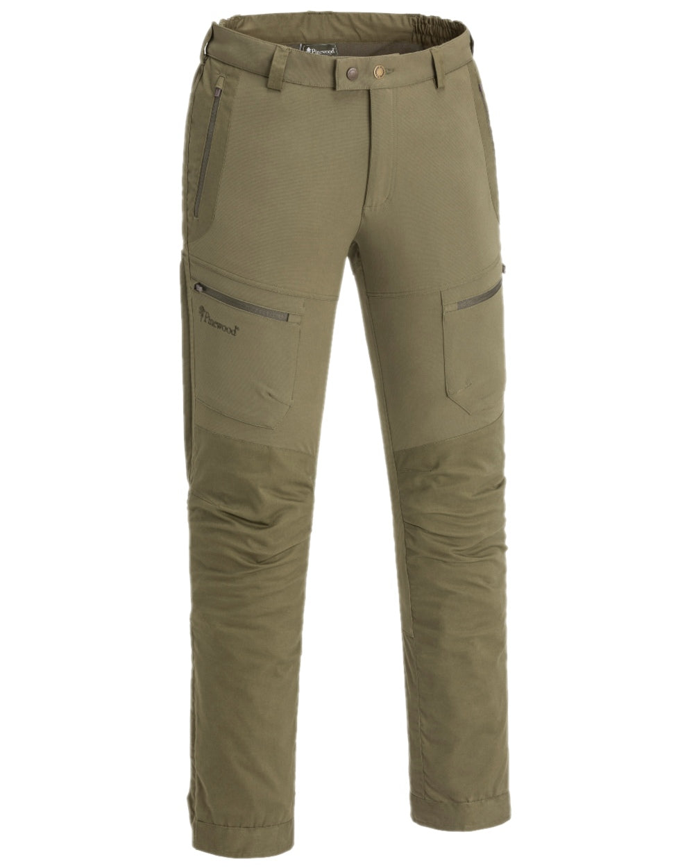 Hunting Olive Coloured Pinewood Mens Finnveden Hybrid Trousers on white background #colour_hunting-olive